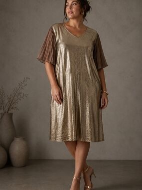 Gold Lamé Shift Dress Pleated Chiffon Sleeve Glam Cocktail Party Boho Luxe 2X